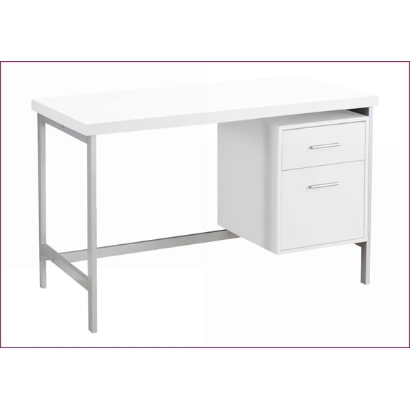 Desks, 48'' Contemporary Computer Desk with Reversible Setup & Storage Drawers, White Laminate, Grey Metal | White | Particle Board
