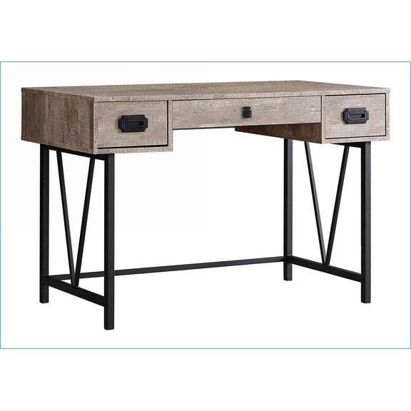 Desks, 48” Home Office Computer Desk with Storage Drawers, Black Metal Legs | Taupe Reclaimed Wood-Look | Particle Board