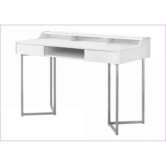 Desks: 48'' Home Office Computer Desk with Storage, Open Cubbies, Modern Style, White Laminate, Grey Metal | White | MDF