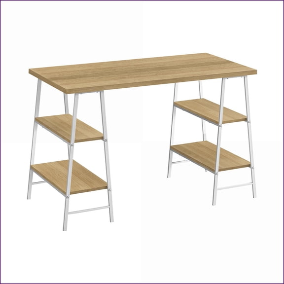Desks, 48” Industrial Computer Desk with 4 Storage Shelves, Natural Laminate Top, White Metal Legs | Natural | Metal