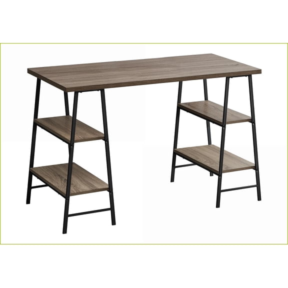 Desks, 48” Industrial Computer Desk with Storage Shelves, Dark Taupe Laminate, Black Metal | Taupe | Metal