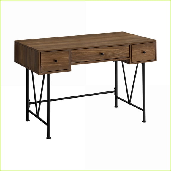 Desks, 48”L Home Office Computer Desk with 3 Drawers, Walnut Laminate & Black Metal, Industrial Transitional | Walnut | Particle Board