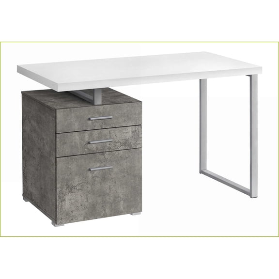 Desks for Home Office, 48L Modern Computer Desk with Reversible Setup & Storage Drawers, White Concrete Laminate | White | Particle Board