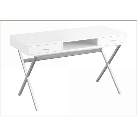 Desks, Modern 48”L Home Office Computer Desk with 2 Drawers & Open Shelf, Glossy White Laminate & Chrome Metal | White | Particle Board