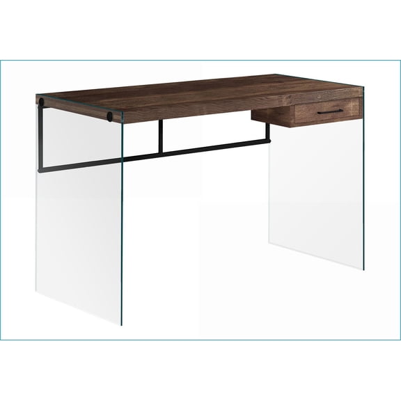 Desks, 48” L Modern Home Office Computer Desk with Storage Drawer, Clear Tempered Glass | Brown | Particle Board