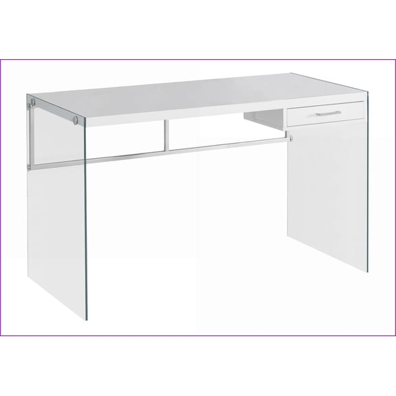 Desks: 48'' Modern Computer Desk with Storage Drawer, Glossy White Laminate & Clear Tempered Glass | White | Particle Board