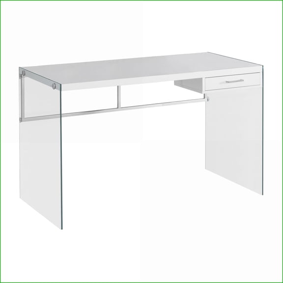 Desks, 48” Modern Computer Desk with Storage Drawer, Glossy White Laminate, Clear Tempered Glass | White | Particle Board