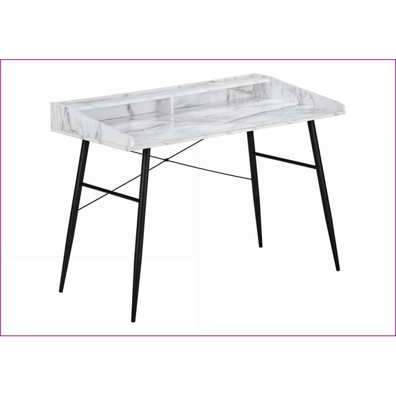 Desks, 48” Modern Computer Desk with Storage, White Marble Laminate & Black Metal | White | Particle Board