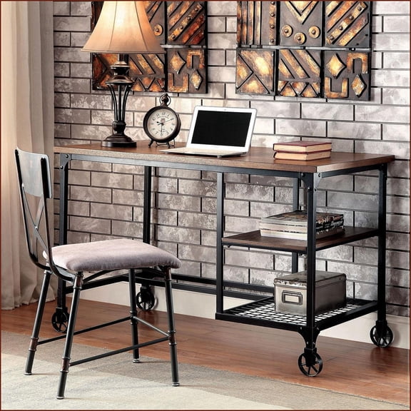 Desks Industrial 48W Writing Desk with Replicated Wood Top, Wire Shelving, Caster Wheels | Antique Black | Metal