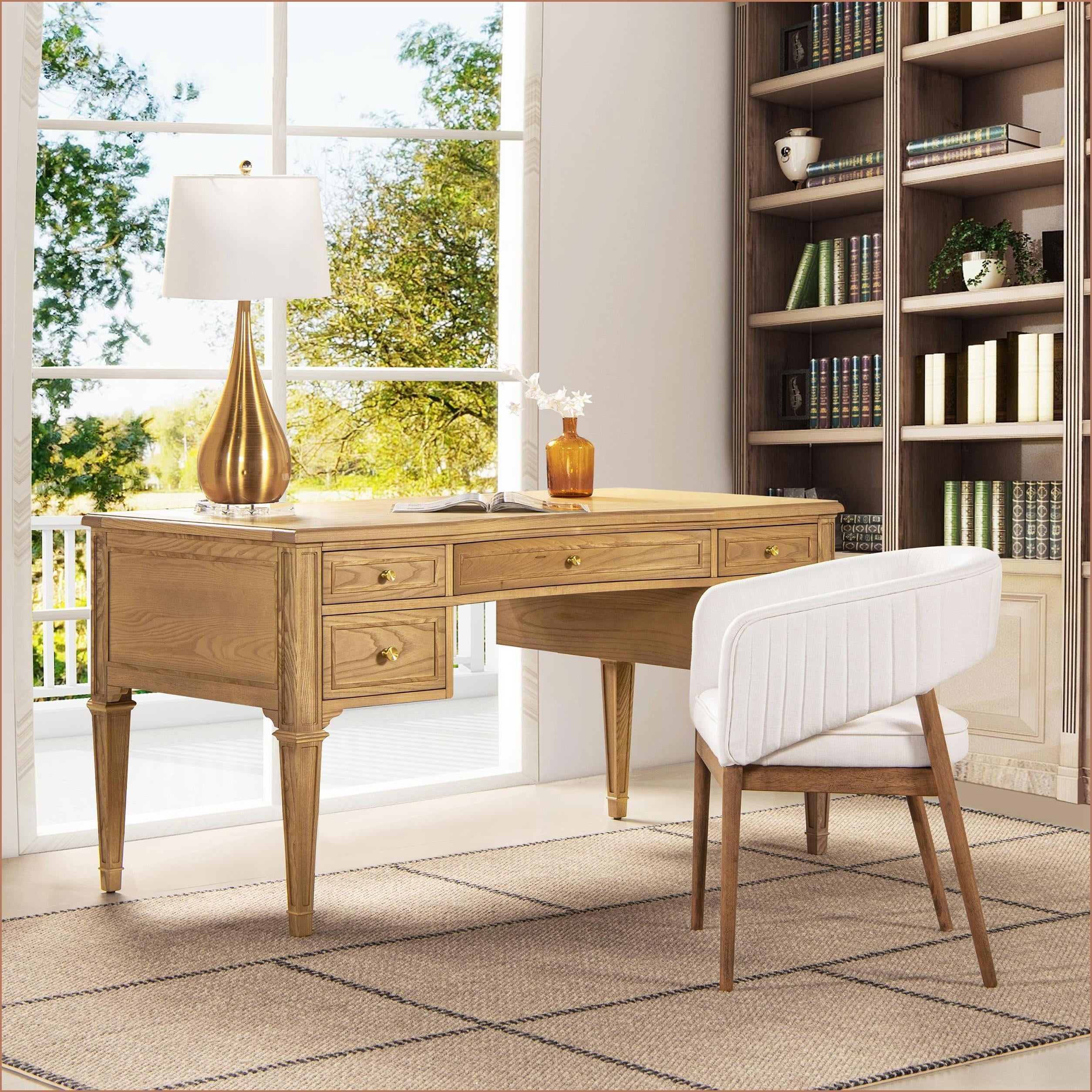 Desks, 5-Drawer Executive Desk with Gold Accents Natural Brown Wood | Brown | Solid Wood+MDF