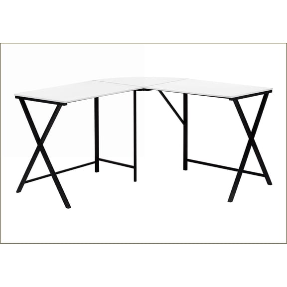 Desks, 55" Contemporary L-Shape Corner Computer Desk, White Laminate Black Metal | White | MDF