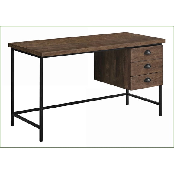 Desks: 55” Home Office Computer Desk with Storage Drawers, Modern Contemporary, Brown Laminate | Black Metal | Particle Board | Brown