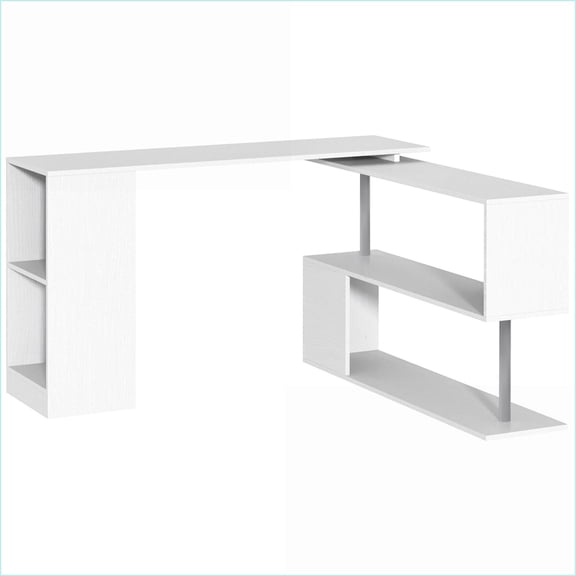 Desks, 55" Modern L-Shaped Corner Computer Desk with 360 Rotating Design & 3-Tier Storage | White | Engineered Wood