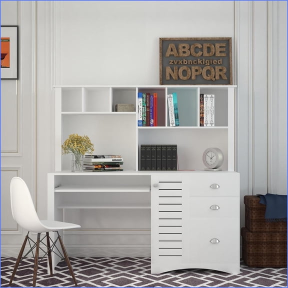 Desks | 59W Antiqued White Home Office Computer Desk with Hutch & Storage | MDF