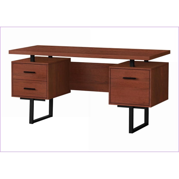 Desks | 60” Modern Computer Desk with Reversible Left/Right Set-Up & 3 Storage Drawers, Cherry Brown Laminate & Black Metal | Cherry | Particle Board