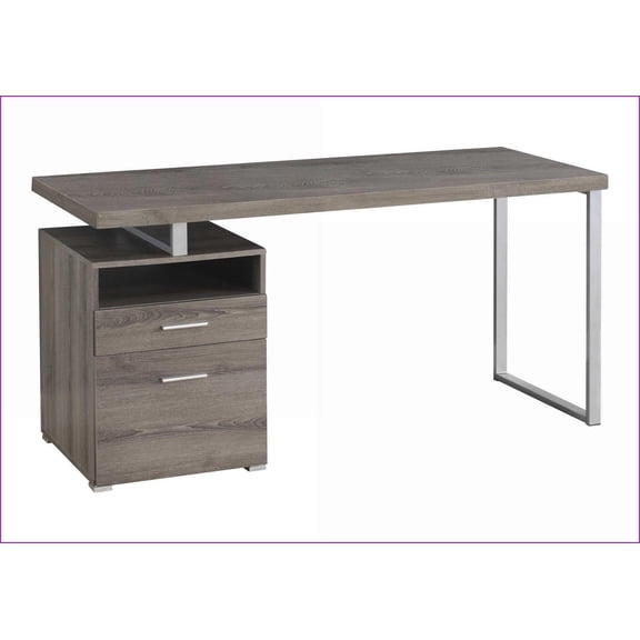 Desks, 60 Modern Computer Desk with Storage Drawers & Open Cubby, Reversible Left/Right Setup, Taupe Brown Laminate | Grey Metal | Particle Board