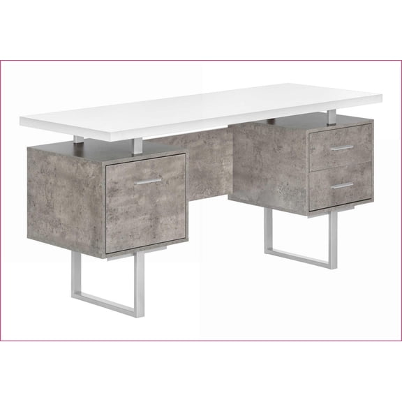 Desks, 60" Modern Computer Desk with Storage Drawers, Reversible Setup, White Grey Concrete Laminate & Grey Metal | White | Particle Board