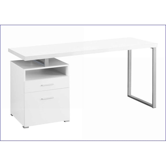 Desks, 60'' Modern Home Office Computer Desk with Left/Right Set-up, Storage Drawers, White Laminate & Grey Metal | White | Particle Board