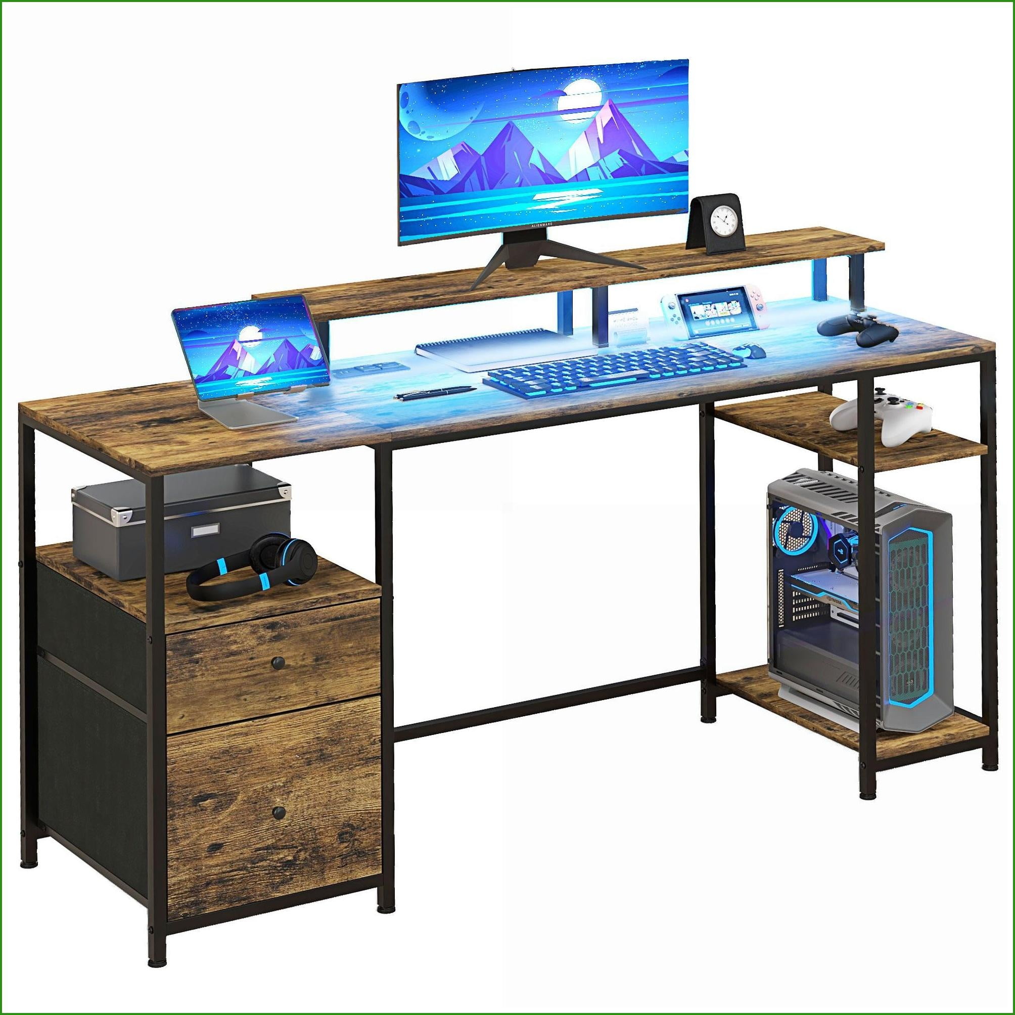 Desks, 61'' Rustic Brown Computer Gaming Desk with LED Lights, Power ...