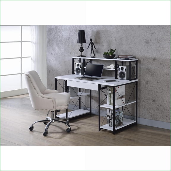 Desks, Amiel Modern White Writing Desk with 1 Drawer & 8 Open Compartments | 47 Top | White | Synthetic Wood