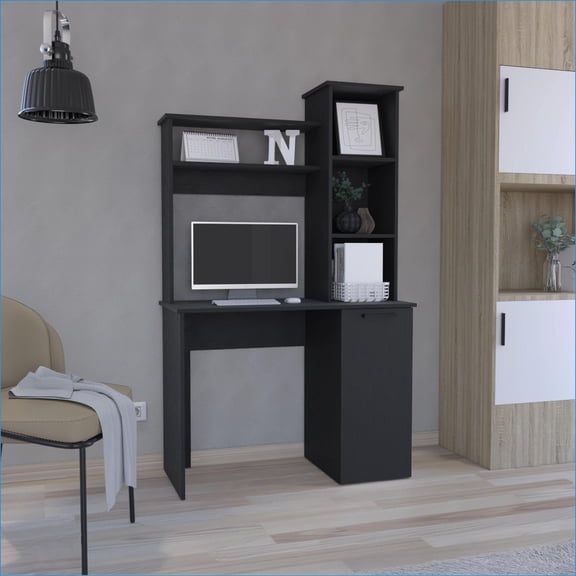Desks, Carson Computer Desk with Hutch Expansive Work Surface, 3-Tier Shelves, Single Door Cabinet | Black | Engineered Wood