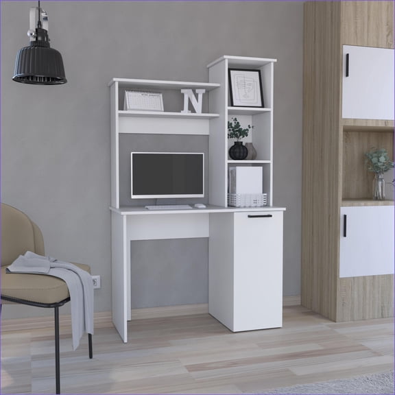 Desks | Carson Computer Desk with Hutch, Expansive Work Surface & 3-Tier Shelves | White | Engineered Wood