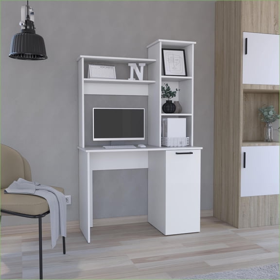 Desks: Carson Computer Desk with Hutch, Single Door Cabinet & Expansive Work Surface | White | Engineered Wood