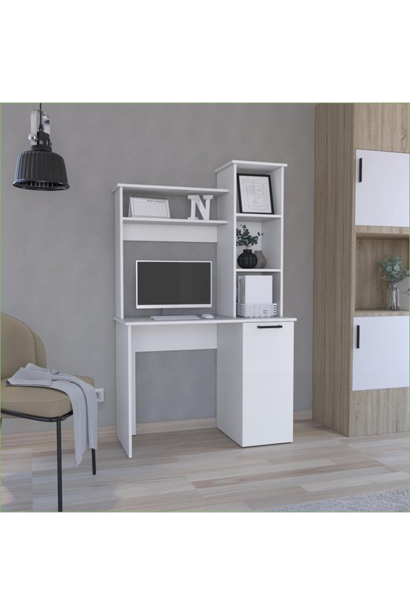 Desks: Carson Computer Desk with Hutch, Single Door Cabinet & Expansive Work Surface | White | Engineered Wood