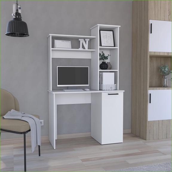 Desks: Carson Modern Computer Desk with Hutch, Expansive Work Surface & Storage | Engineered Wood | White/Black/Light Gray Finishes
