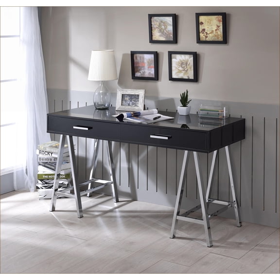 Desks | Coleen Modern 2-Drawer Writing Desk, Black High Gloss & Chrome | Metal, Synthetic Wood