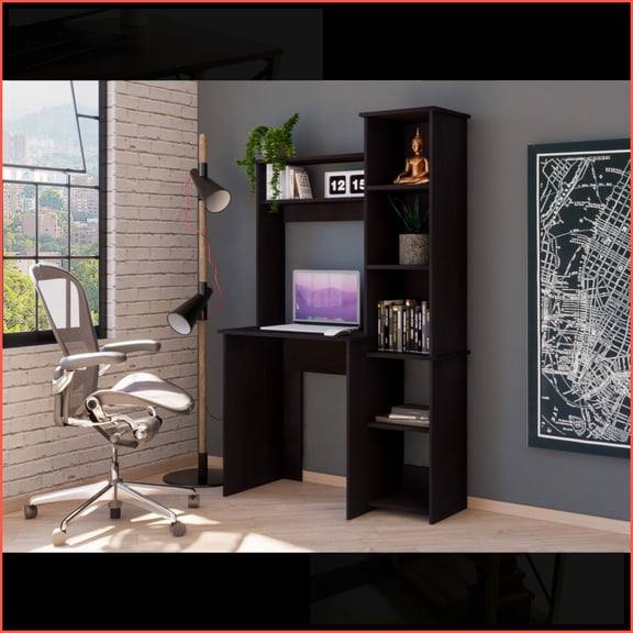 Desks, Compact Home Office Desk with Hutch & 5-Shelf Bookcase | Black | Particle Board