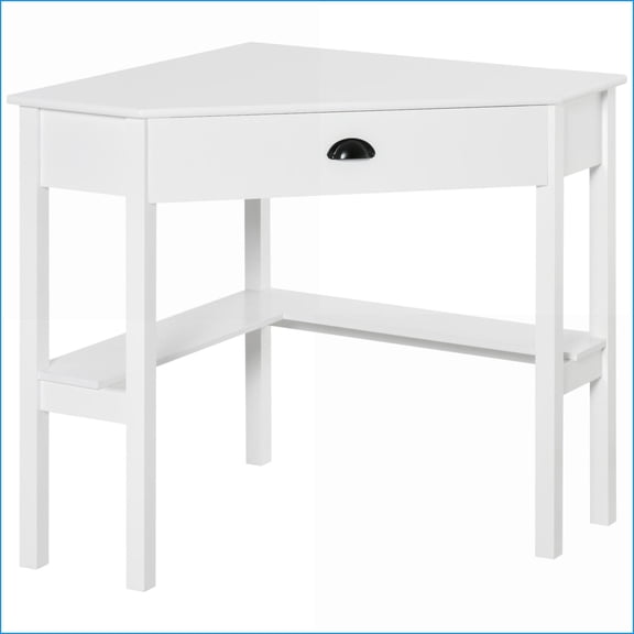 Desks, Compact Corner Triangle Desk with Drawer & Shelves | White P2 MDF | Home Office Workstation