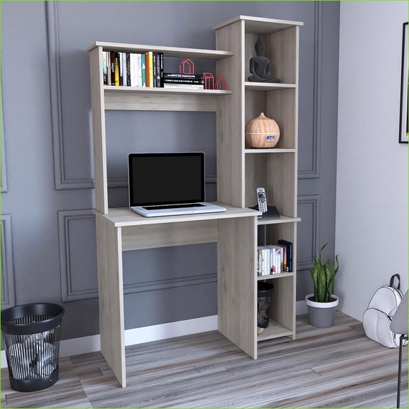 Desks, Versalles Writing Desk with Hutch & 5-Cubby Side Bookcase, Light Gray | Particle Board