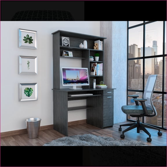 Desks | Classic Grey Oak - Smokey Oak Hutch Desk with 5 Shelves, Retractable Keyboard Tray, CPU Door, 1 Drawer | Particle Board | Gray