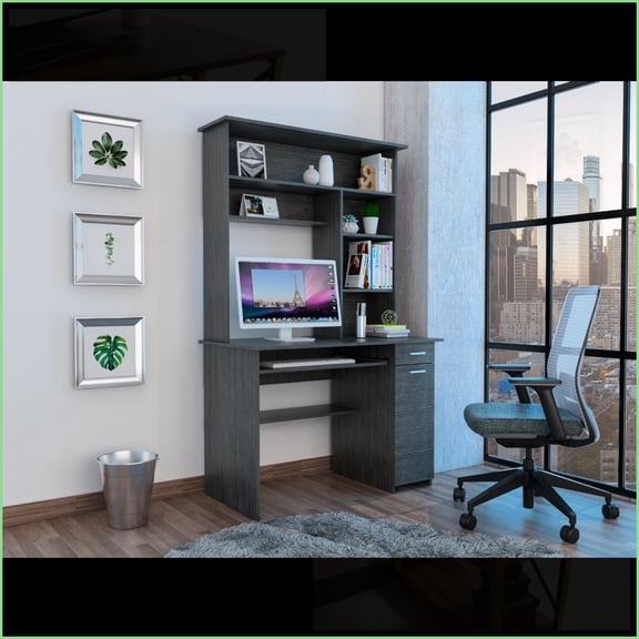 Desks, Compu 180 Classic Hutch Desk with Shelves, Keyboard Tray, CPU Door | Grey Oak - Smokey Oak | Gray | Particle Board