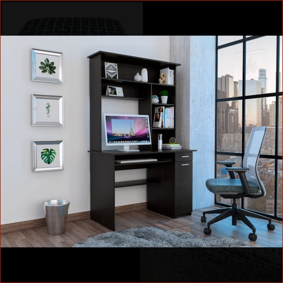 Desks | Compu 180 Hutch Desk with Multiple Shelves, Keyboard Tray, CPU Panel, 1 Drawer | Black | Particle Board