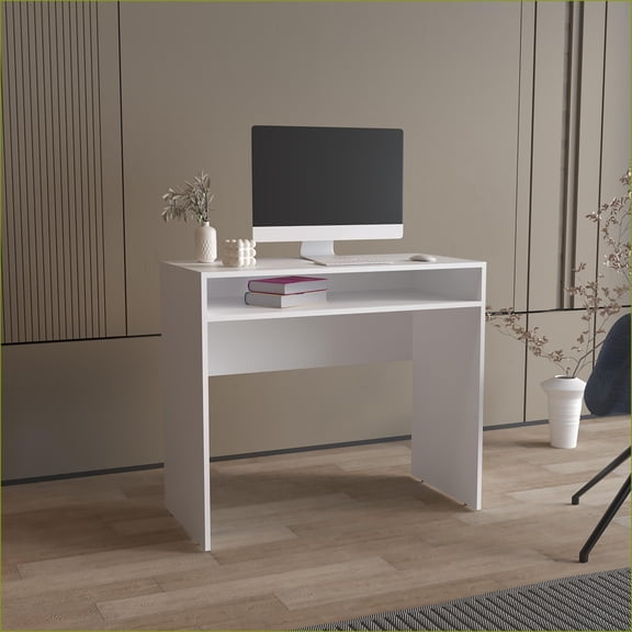 Desks: Modern Computer Desk with 1 Shelf, 30.6” H | White | Engineered Wood