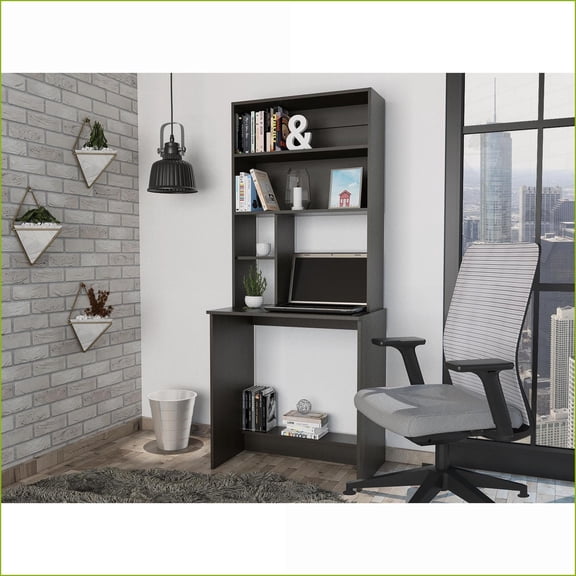 Desks | Computer Desk with Hutch, 4 Shelves, Writing Surface | Black | Particle Board