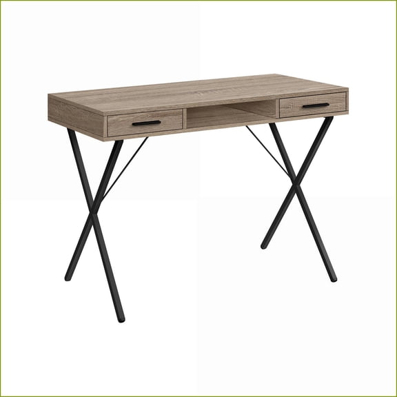 Desks, Contemporary Modern 42” L Computer Desk with Left/Right Set-up, 2 Drawers + 1 Shelf, Laminate Top & Black Metal Base | Taupe | Particle Board