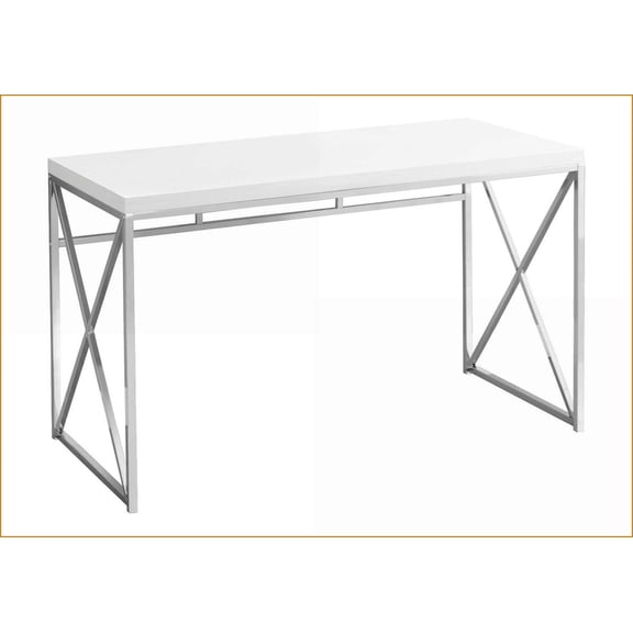 Desks, Contemporary Modern Glossy White Laminate Computer Desk with Chrome Metal Base, 47 L x 24 W x 30 H | White | MDF