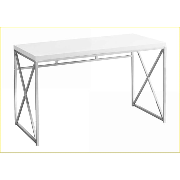 Desks, Contemporary Modern Glossy White Laminate Computer Desk with Chrome X-Base, 47L x24W x30H | White | MDF