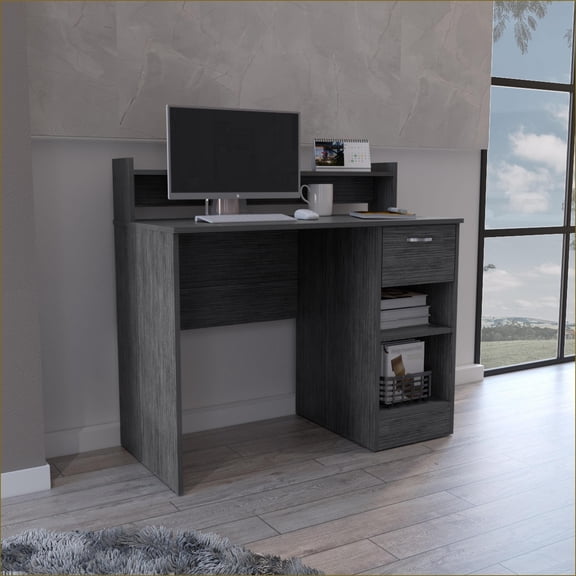 Desks | Delmar Computer Desk with Open Storage Shelves & Single Drawer, Smokey Oak | 40.2"W x 19.7"D | Particle Board | Gray
