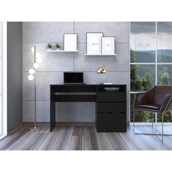 Desks, Compact Computer Desk with 3 Drawers & Shelf | 47.4” Wide | Black Particle Board