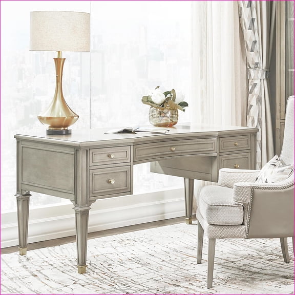 Desks | Executive 5-Drawer Desk with Gold Accents, Gray Cashmere Solid Rubber Hardwood | Gray | Wood