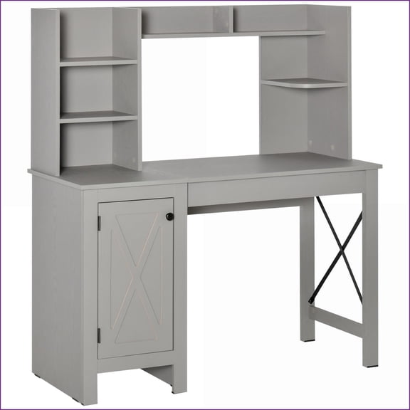 Desks, Farmhouse Computer Desk with Hutch & Cabinet, Home Office Desk with Storage | Light Grey | Particle Board