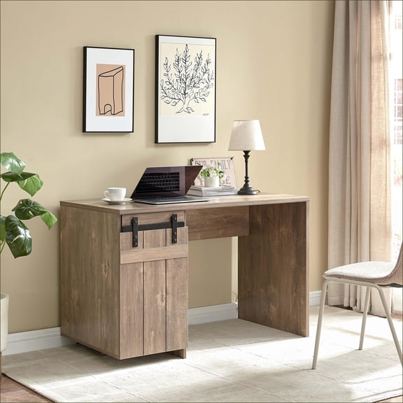 Desks Farmhouse Hazelnut Home Office Desk with Faux Barn Door & Shelves | 47.25 Wide | Light Brown | Particle Board+MDF