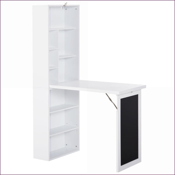 Desks Fold-Out Convertible Wall Mount Desk with Blackboard & Side Shelf, White | Particle Board