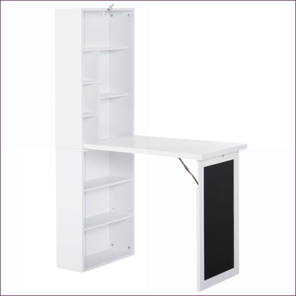 Desks Fold-Out Convertible Wall Mount Desk with Blackboard & Side Shelf, White | Particle Board