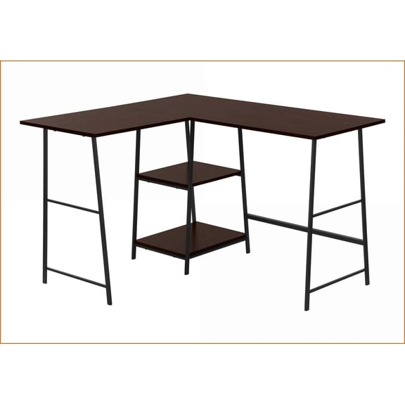 Desks, Industrial Computer Desk, 48"L L-Shape Corner Desk with Storage Shelves | Espresso Laminate | Metal
