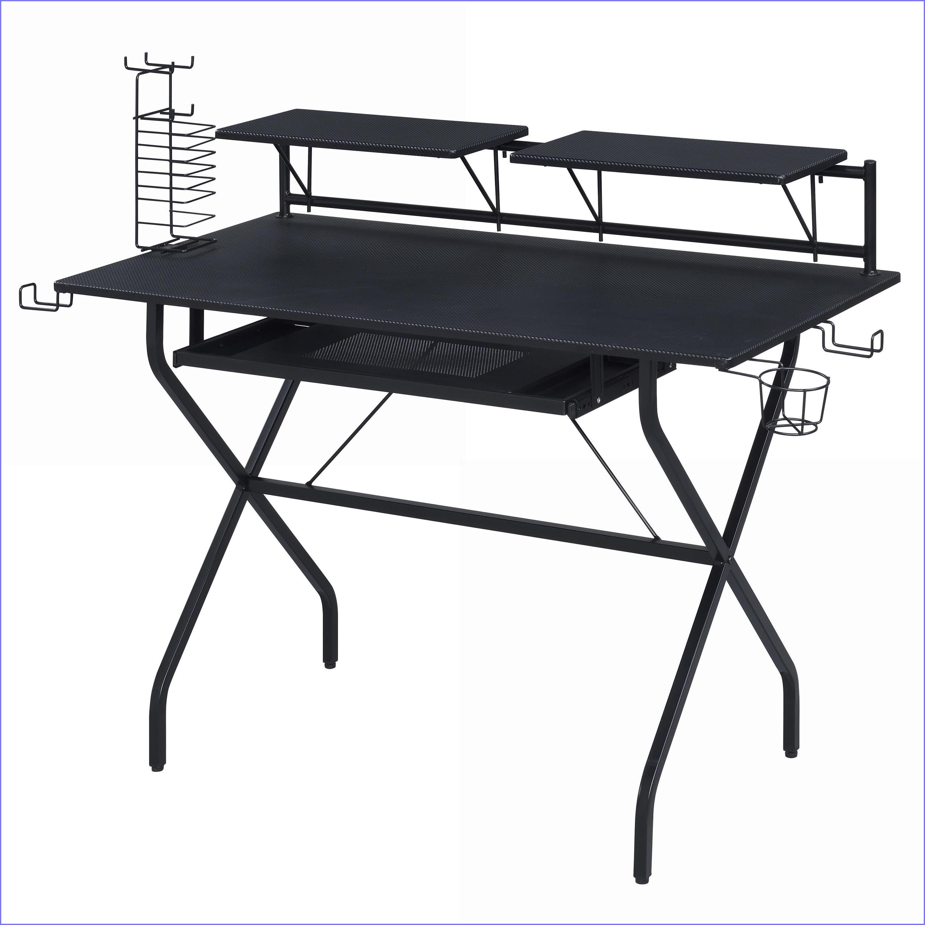 Desks, Industrial 47.5"W Computer Desk with Keyboard Tray, Headset Hooks, Game Rack | Black | Wood+Metal